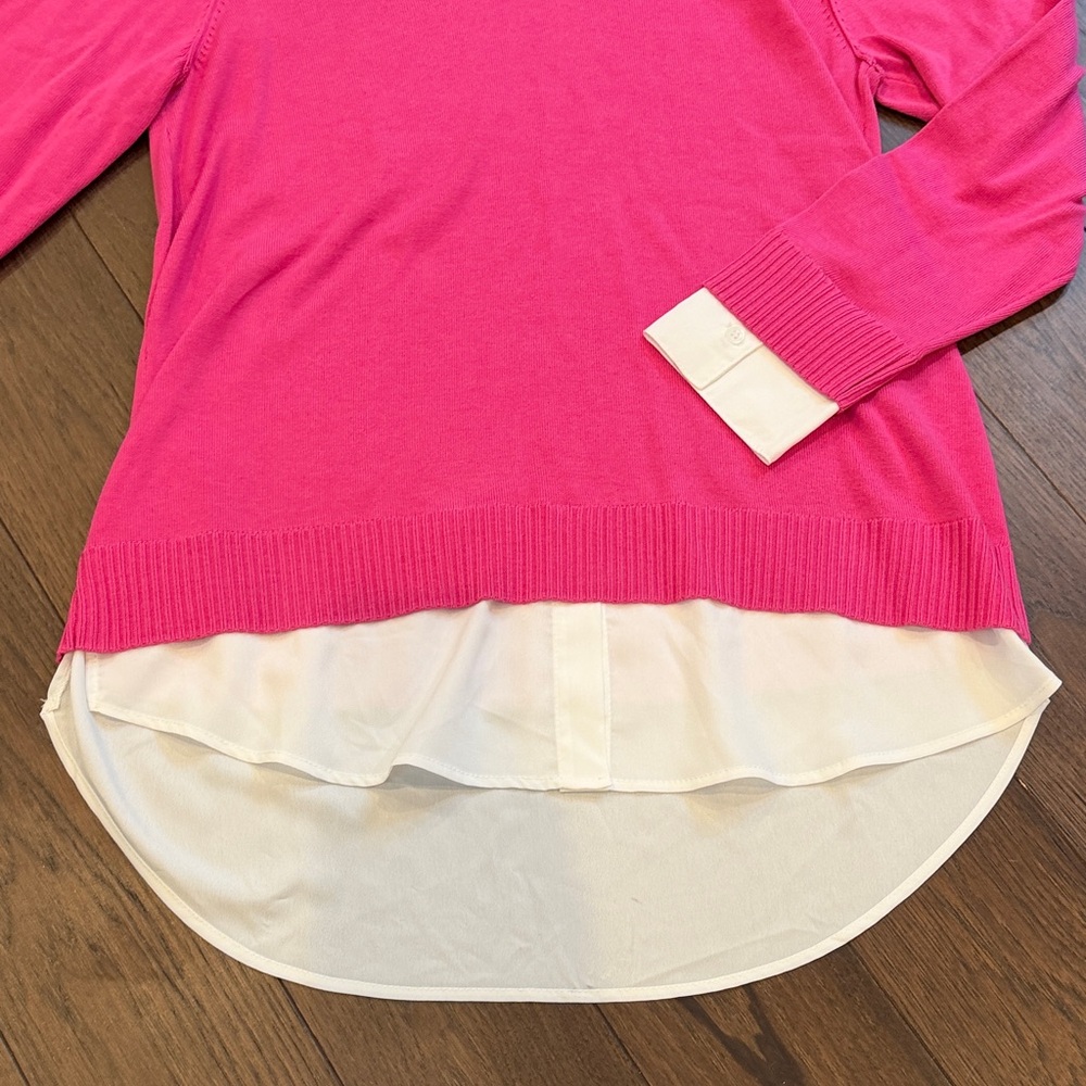 Issac Mizrahi Women's Layered Pink V-Neck Sweater with White Collar Small - Picture 4 of 9